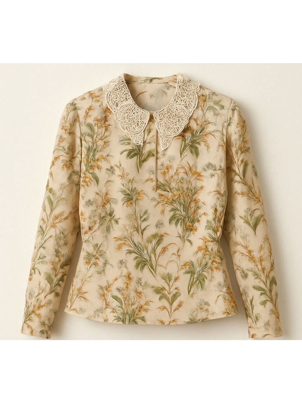 Women's Burberrys Floral Blouse/Cardigan with Lace Collar, Beige & Green M
